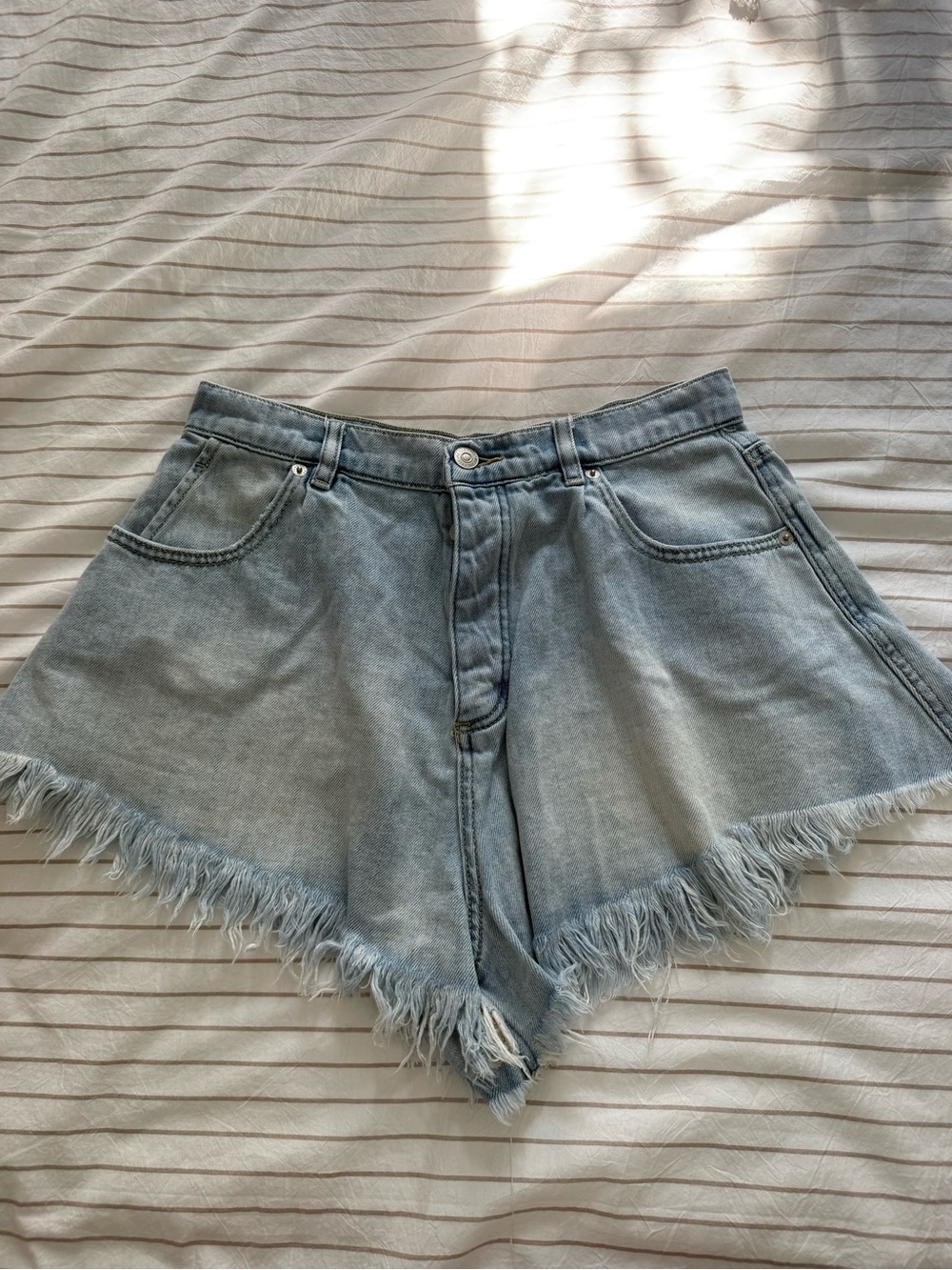 Free People Light Blue Frayed Hem Denim Shorts